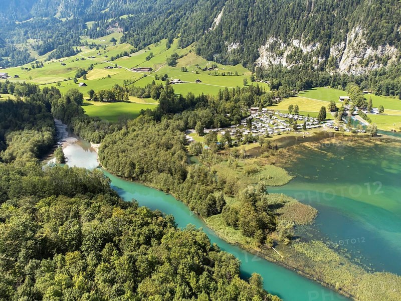 The Vorauen campsite on Lake Klöntal with the Chlü tributary, Klöntal, Canton Glarus, Switzerland, Europe