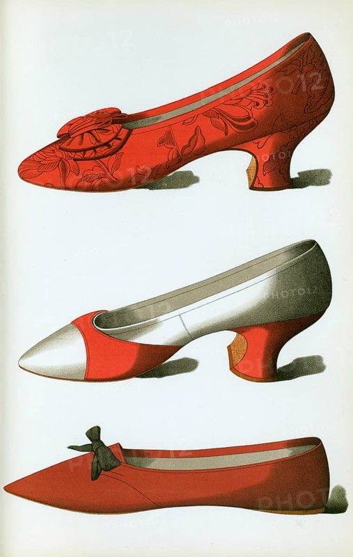 Shoe fashion in 1900, women's shoes, brocade shoe, red and white satin shoe, shoe belonging to Rosa Anderson, a fair maid of Perth (1900), Brocade shoe, red and white satin shoe, shoe belonging to Rosa Anderson, a fair maid of Perth (1900)