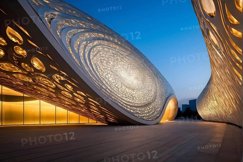 Modern art museum architecture inspired by seashells spiral patterns, AI generated