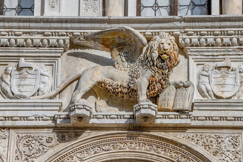 Winged lion in the courtyard of the Doge's Palace, San Marco district, Venice, Veneto region, Italy, Europe