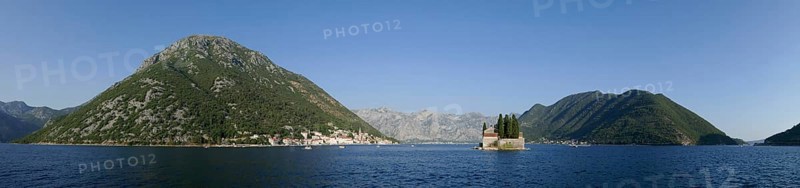 Panoramic view, view from the island of Maria from the Rock, Gospa od Skrpjela to Perast and the island of Sveti Dorde, World Natural and Cultural Heritage, Bay of Kotor, Mediterranean Sea, Adriatic Sea, Kotor, Montenegro, Europe