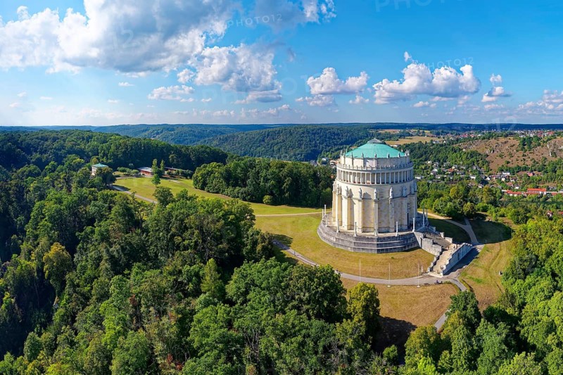 Aerial view, monument Befreiungshalle Kehlheim, round hall with dome, 45 m high, 29 m diameter, classicism, built 1842 to 1863 by Friedrich von Gärtner and Leo von Klenze, Michelsberg, Kelheim, Lower Bavaria, Bavaria, Germany, Europe