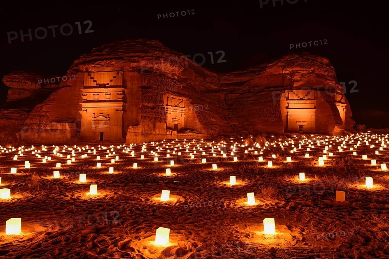 Illuminated Nabataean tombs at night, Hegra or Mada'in Salih, AlUla region, Medina province, Saudi Arabia, Arabian Peninsula, Asia