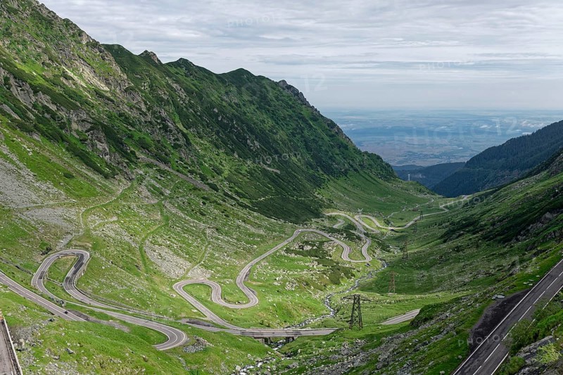 Serpentines in the course of the Transfagara, the Transfogaras High Road in the Fagaras Mountains, also Fogaras Mountains, in the mountain group of the Southern Carpathians. Sibiu, Romania, Southeast Europe, Europe