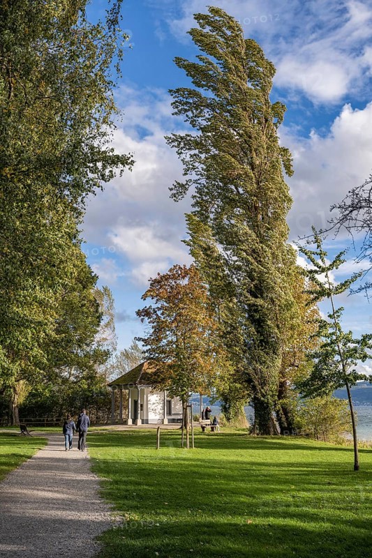 Footpath through Mettnaupark with the Urkundenhäuschen, Radolfzell am Lake Constance, Konstanz district, Baden-Württemberg, Germany, Europe