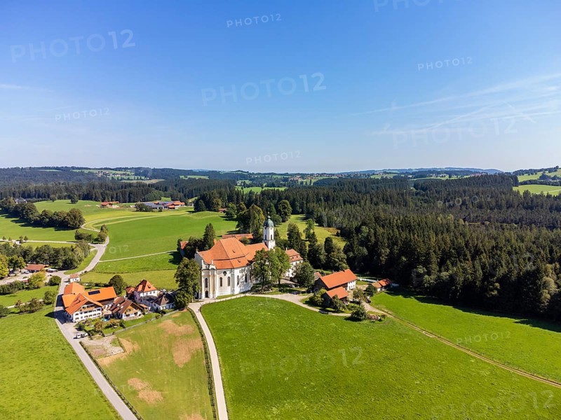 Aerial view of the pilgrimage church, Wieskirche, Steingaden, Romantic Road, Pfaffenwinkel, Upper Bavaria, Bavaria, Germany, Europe