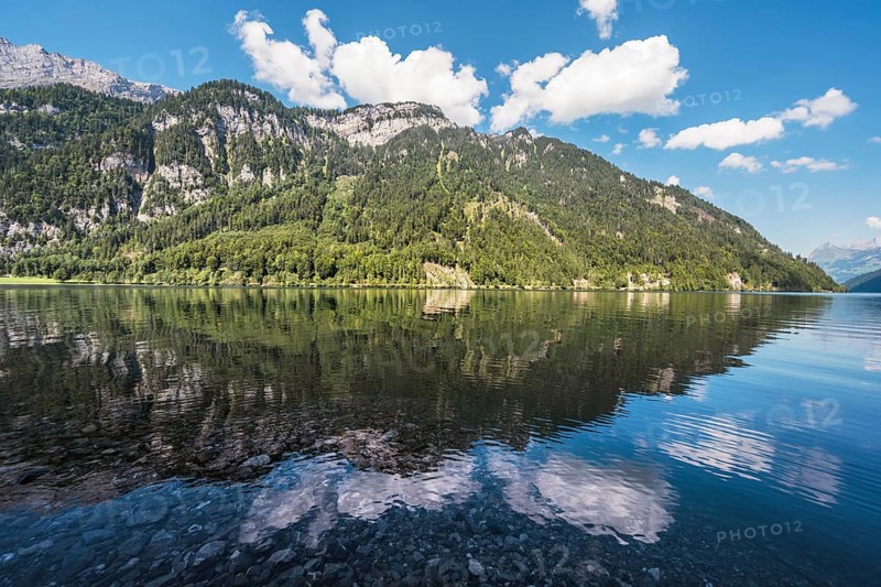 View over Lake Klöntal, Canton Glarus, Switzerland, Europe