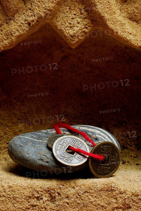 Stone and Chinese lucky coin, coins, lucky coins, lucky coin, coin