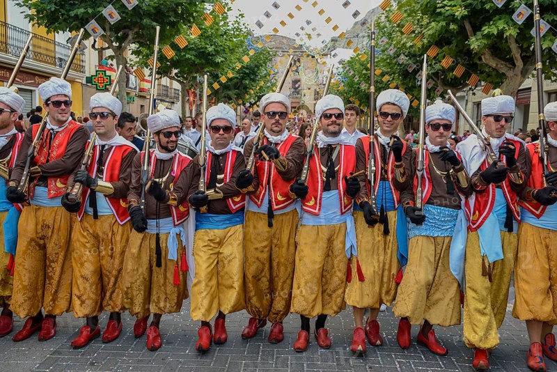 Group in traditional clothing, Moors and Christians Parade, Moros y Cristianos, Jijona or Xixona, Province of Alicante, Costa Blanca, Spain, Europe