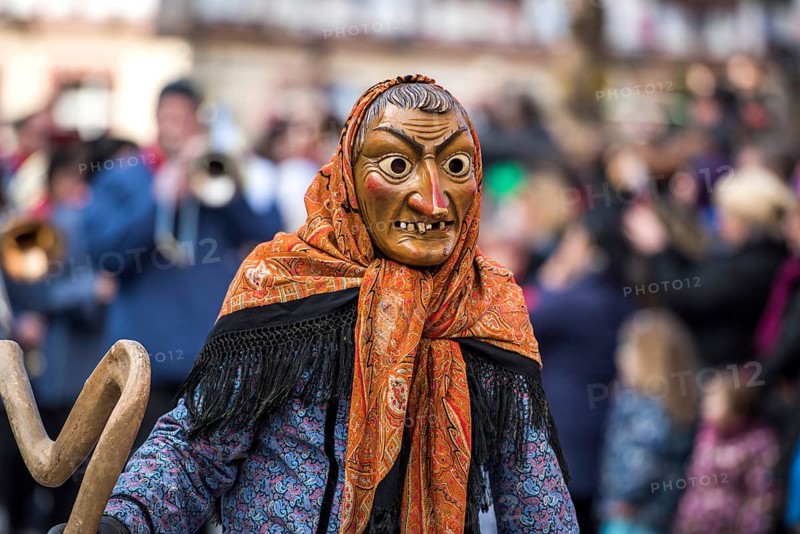 Witch on carnival procession, Big Fasendumzug, Gengenbach, Ortenaukreis, Alemannic Fasnacht, Baden-Württemberg, Germany, Europe