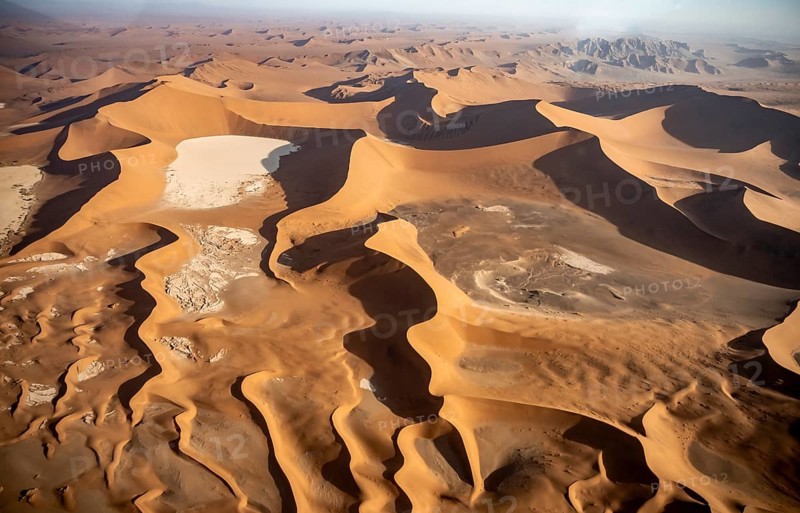 Aerial view, red sand dunes of Sossusvlei, Deadvlei salt pan and Daddy Dune from above, Namib Desert, Namib-Naukluft National Park, Namibia, Africa