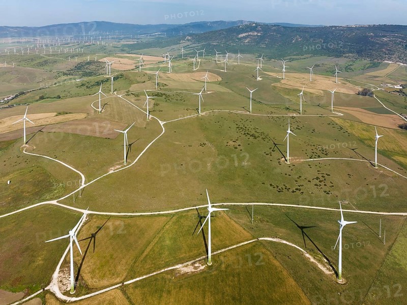 Windmills on a wind farm near Zahara de los Atunes, aerial view, drone shot, Cádiz province, Andalusia, Spain, Europe