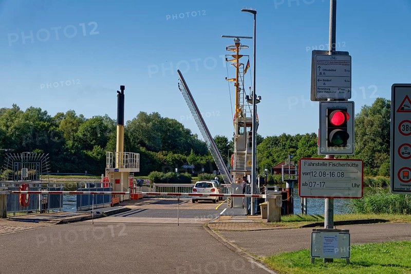 Pier of the canal ferry Fischerhütte on the Kiel Canal. Fischerhütte, Steenfeld, Schleswig-Holstein, Germany, Europe
