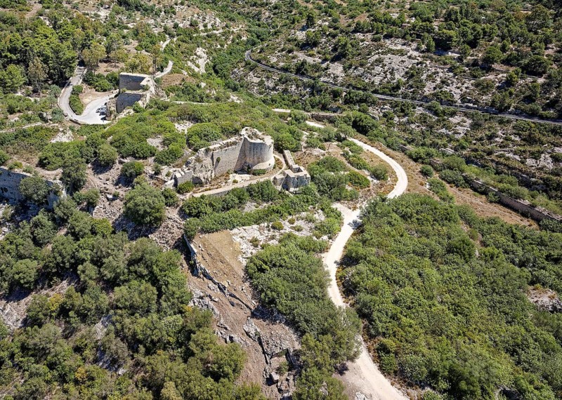 Aerial view of the archaeological site of Noto Antica, ancient Neton, which was completely destroyed by an earthquake in 1693. Noto, Sicily, Italy, Southern Europe, Europe