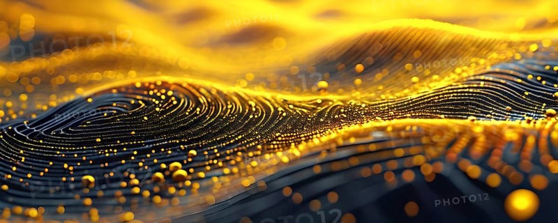 Fingerprint background dominated by swirl patterns in yellow hues, AI generated