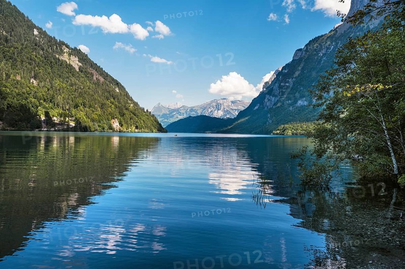 View over Lake Klöntal, Canton Glarus, Switzerland, Europe