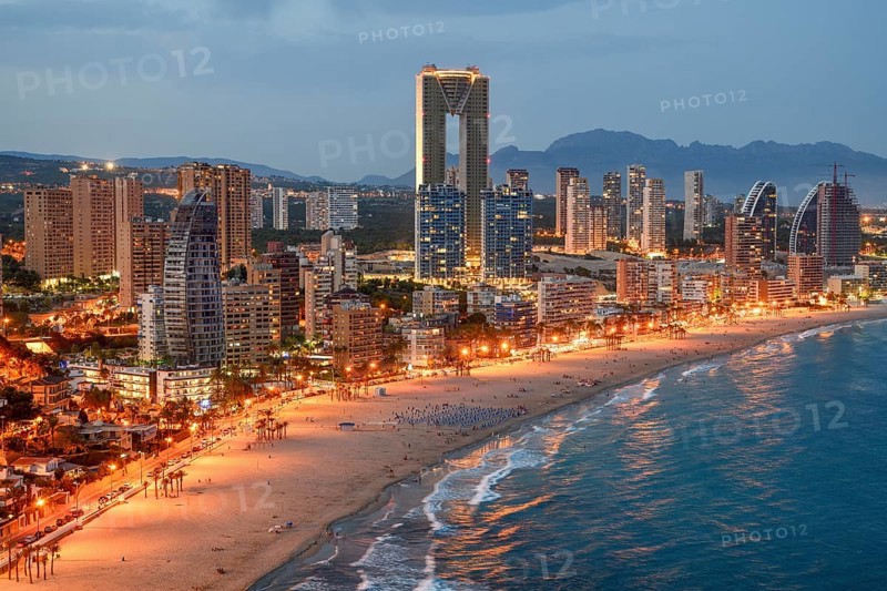 Skyline of Benidorm with the high-rise Intempo, with 192 metres the highest residential building in Europe, blue hour, Playa Poniente, Benidorm, Costa Blanca, Valencia County, Spain, Europe