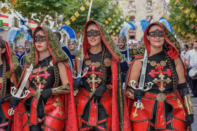 Women in historic clothing, Moors and Christians Parade, Moros y Cristianos, Jijona or Xixona, Province of Alicante, Costa Blanca, Spain, Europe
