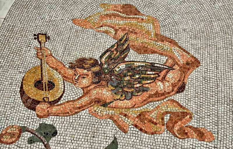 Floor mosaic, angel with harp, Galleria Umberto I, Naples, Campania, Italy, Europe