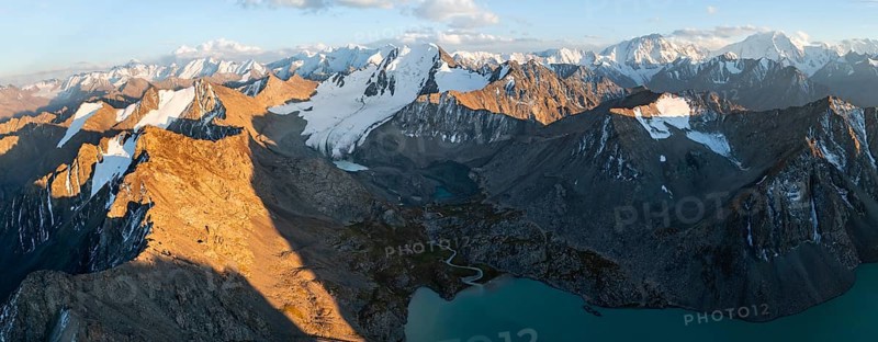 Evening mood, mountain panorama, aerial view, 4000 metre peak with glacier, mountain pass and mountain lake Ala-Kul Lake, Tien Shan, Kyrgyzstan, Asia