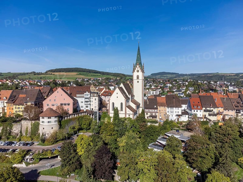 Aerial view of the town of Engen with the Church of the Assumption of the Virgin Mary, Constance district, Baden-Württemberg, Germany, Europe