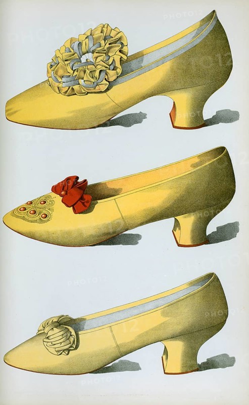 Shoe fashion in 1900, Women's shoes, Two yellow satin shoes, the first worn on stage by the actress Miss Ada Cavendish, and one straw coloured shoe, Two yellow satin shoes, the first worn on stage by the actress Miss Ada Cavendish, and one straw coloured shoe (1900)