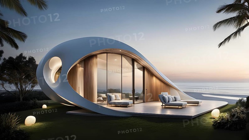 Modern art museum architecture inspired by seashells spiral patterns, AI generated