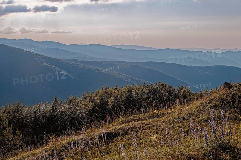 Mountain landscape of the Balkan Mountains and the forested slopes of the Balgarka nature park Park in Central Bulgaria. Shipka, Gabrovo, Bulgaria, Southeast Europe, Europe