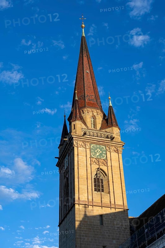 The neo-Gothic Minster Tower in the old town of Radolfzell, at 82 metres the highest church tower in the Lake Constance region, Konstanz district, Baden-Württemberg, Germany, Europe