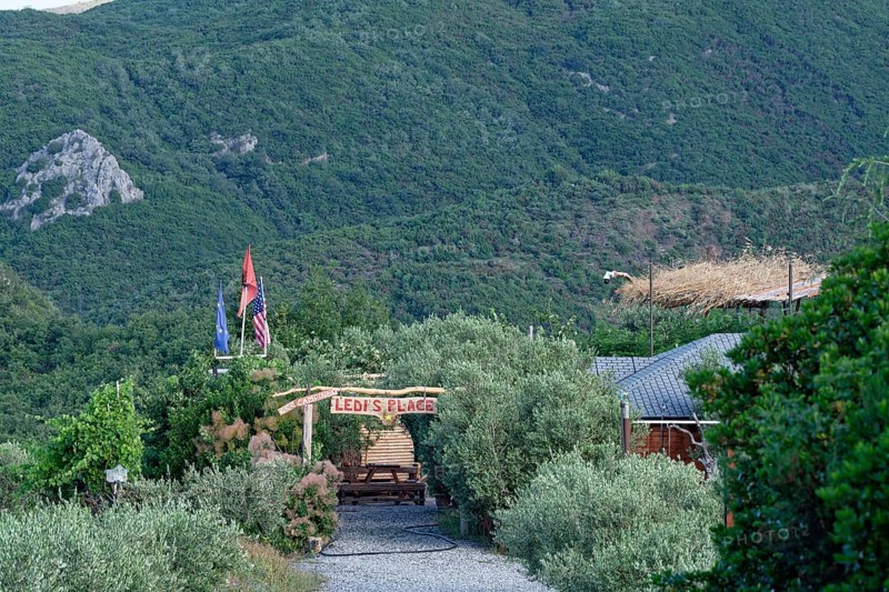 Ledi's Place, restaurant, hostel and camp, in the Albanian Alps at Lake Koman in northern Albania. Koman, Qark Shkodra, Albania, Southeast Europe, Europe