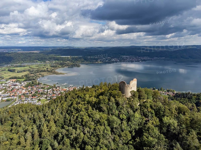 Aerial view of Lake Constance with the ruins of Altbodman with the village of Bodman-Ludwigshafen, Constance district, Baden-Württemberg, Germany, Europe