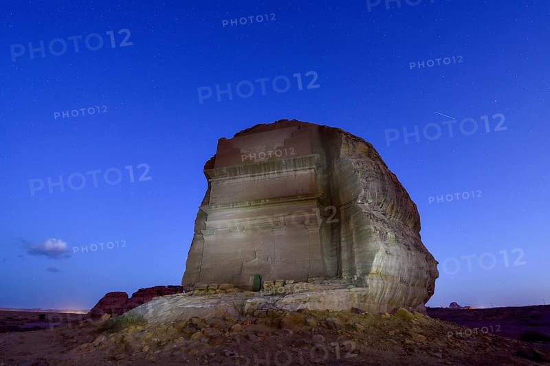 Qasr Al-Farid, 2000 year old Nabataean tomb, blue hour, Hegra or Mada'in Salih, AlUla region, Medina province, Saudi Arabia, Arabian Peninsula, Asia