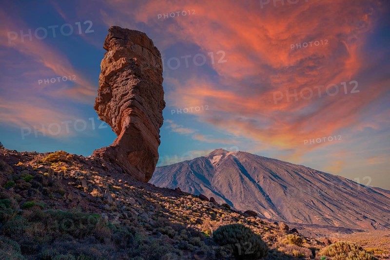 Sunset at Roque Cinchado next to Teide in the natural park of Tenerife, Canary Islands. Spain