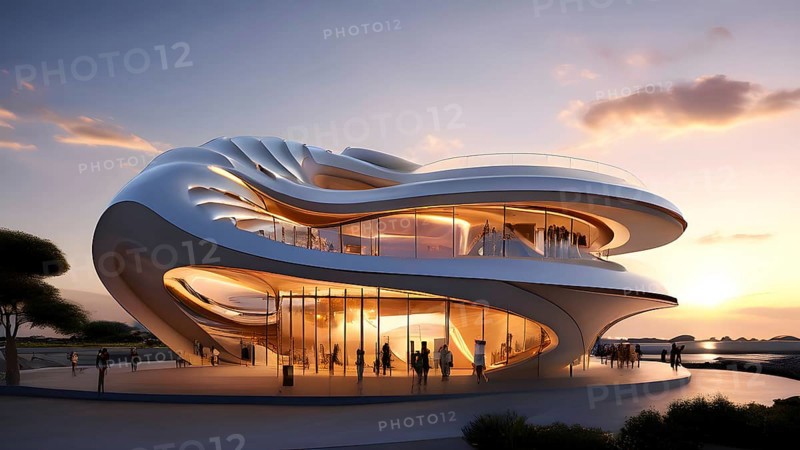 Modern art museum architecture inspired by seashells spiral patterns, AI generated