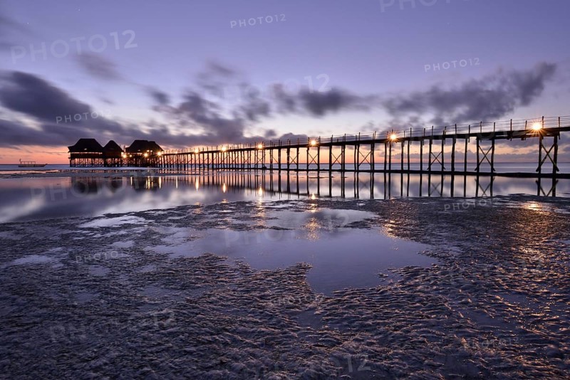 Jetty of the Dongwe Club Hotel at dawn, Dongwe Beach, Dongwe, Zanzibar, Tanzania, Africa