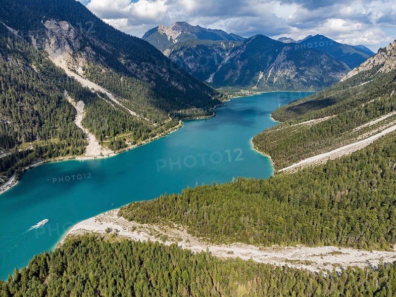 Aerial view of Plansee, Reutte, Ammergau Alps, Tyrol Austria, Plansee, Tyrol, Austria, Europe