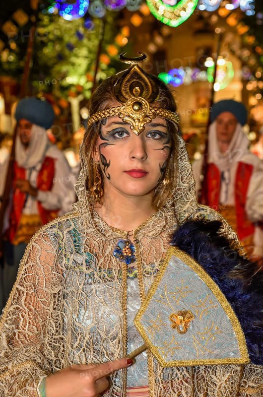Woman in traditional clothes, Moors and Christians Parade, Moros y Cristianos, Jijona or Xixona, Province of Alicante, Costa Blanca, Spain, Europe