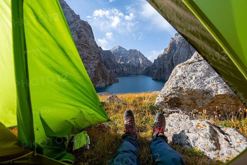 Wild camping, camping in the wilderness with a tent, Kol Suu mountain lake, Sary Beles Mountains, Naryn Province, Kyrgyzstan, Asia