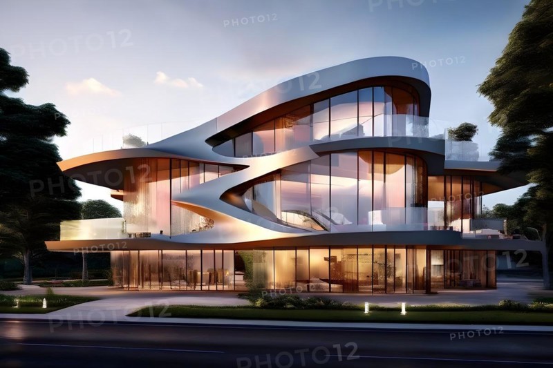 KI generated architectural structure melding computer aided design illustrations with genuine photoelements, AI generated