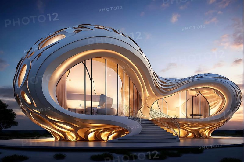 Modern art museum architecture inspired by seashells spiral patterns, AI generated