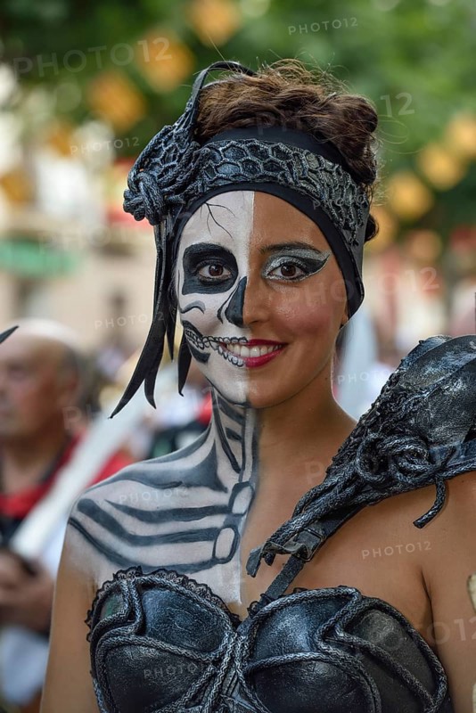 Woman in historic clothing, smiling, Moors and Christians Parade, Moros y Cristianos, Jijona or Xixona, Province of Alicante, Costa Blanca, Spain, Europe