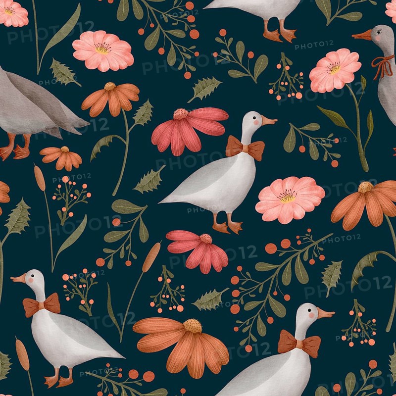 Seamless watercolor pattern illustration with geese, wildflowers and leaves on dark blue background