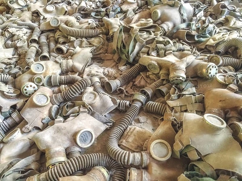 Gas Masks, Middle School #3, Lost Place, Prypyat, Chernobyl Exclusion Zone, Ukraine, Eastern Europe, Europe