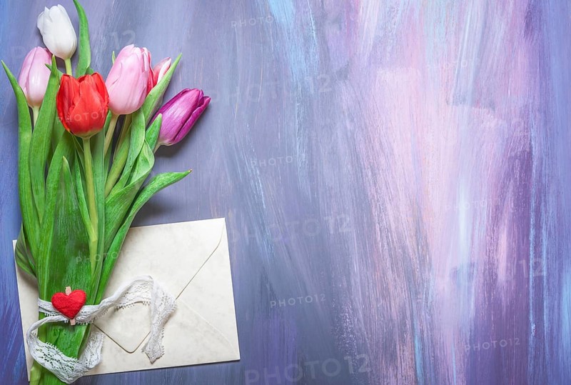 Bouquet of colorful tulips tied with a lace ribbon and a wooden clip with a red heart, and a closed envelope, on a purple wooden background