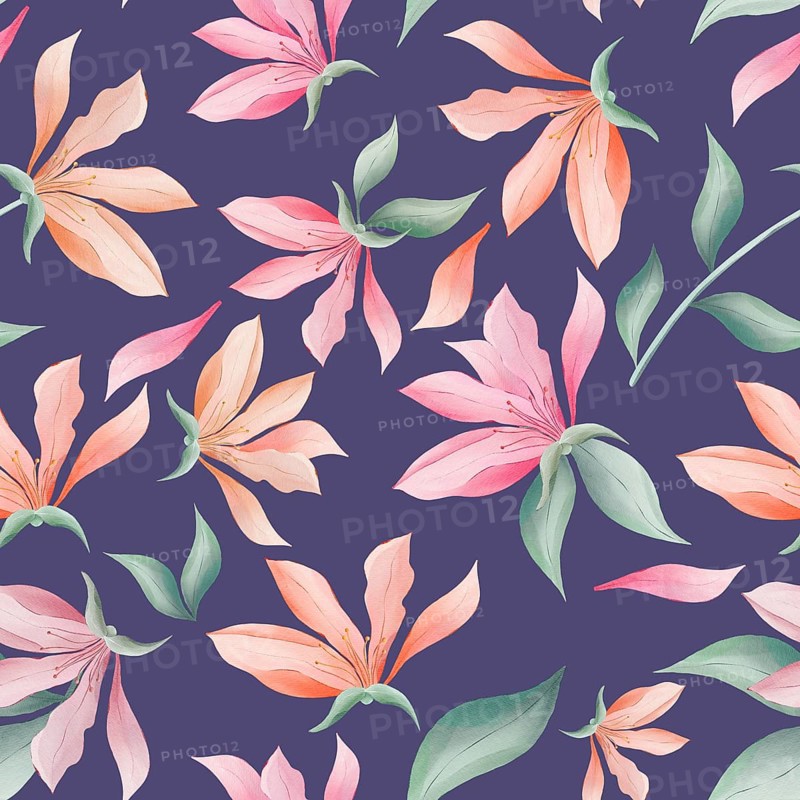 Magnolia flowers and leaves on dark purple background watercolor painting, seamless repeat pattern