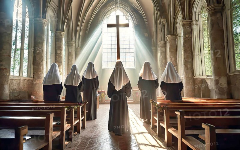 Catholic nuns at morning devotions in a chapel flooded with light, KI generated, AI generated