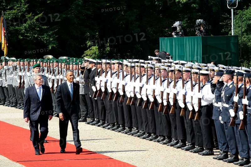 President Barack Obama during the welcoming ceremony at Bellevue Palace with the German President Joachim Gauck, Berlin, Berlin, Germany, Europe