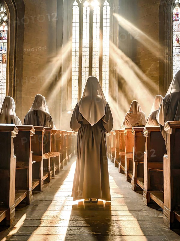 Catholic nuns at morning devotions in a chapel flooded with light, KI generated, AI generated