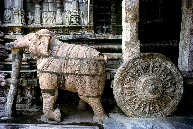 Sarangapani temple sanctum sanctorum built like a chariot with beautifully sculpted elephant drawing it in Kumbakonam, Tamil Nadu, India, Asia
