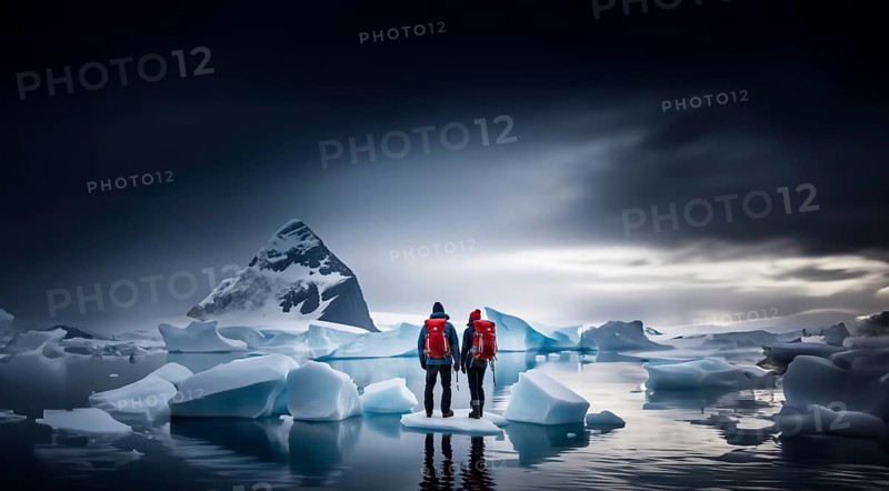 Two travelers with backpacks and winter clothes on an ice floe on a glacier in winter. Couple travels to Antarctica, AI generated